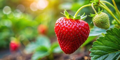 Strawberry plant with ripe red strawberry on vine, organic, fresh, summer, garden, fruit, harvest, agriculture, juicy