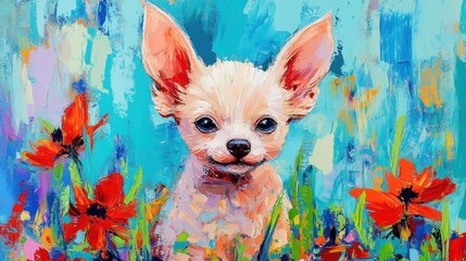 Canvas Print - A vibrant painting of a Chihuahua amidst colorful flowers.