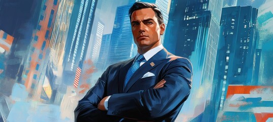 Wall Mural - A confident businessman in a suit stands against a city skyline, exuding power and determination.