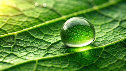 Macro shot of a water drop glistening on a green leaf, nature, close-up, plant, fresh, wet,isolated, environment