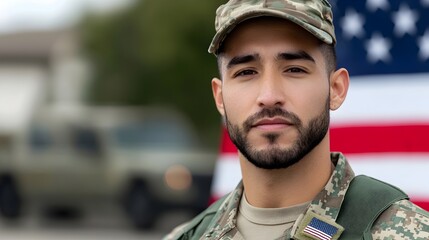 Patriotic Portrait of a Soldier Standing at Attention with the American Flag as the Backdrop Representing Honor Duty and Commitment to National Service