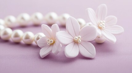 Sticker - Delicate pink flowers and a pearl necklace on a soft purple background.