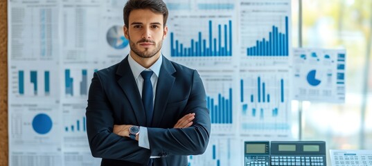 Poster - A confident man in a suit stands in a business setting with charts and data in the background.