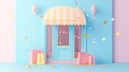 Poster - A whimsical storefront with pastel colors and confetti, suggesting a festive shopping experience.