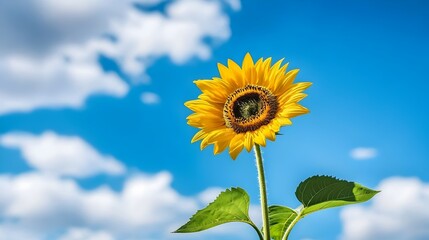 Wall Mural - closeup of a vibrant sunflower bloom with radiant yellow petals against a bright and serene blue sky
