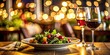 © suchetpong - High-quality stock photo of a romantic dinner with salad and wine in a restaurant.