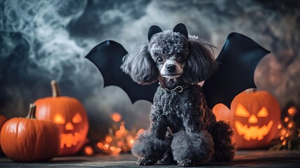 Poster - A cute dog dressed as a bat with Halloween pumpkins in a spooky setting.