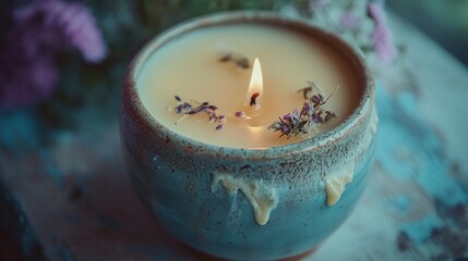 Wall Mural - A lit candle in a rustic bowl, adorned with dried flowers, creating a serene atmosphere.