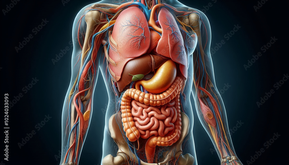 A detailed medical illustration of the human abdomen, highlighting ...