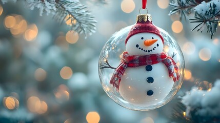 Canvas Print - Happy snowman in the christmas bauble over the winter