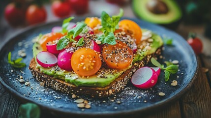 Poster - A vibrant avocado toast topped with colorful vegetables and seeds on a rustic plate.