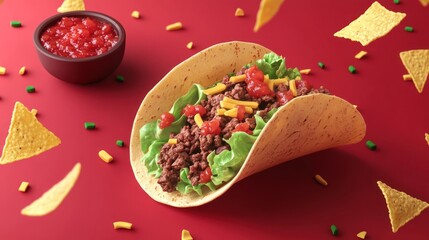 Wall Mural - A taco filled with meat, lettuce, and toppings, surrounded by chips and salsa.