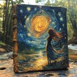 © Alienmarsh - A woman with flowing red hair stands silhouetted against a starry night sky with a bright yellow moon, a river, and trees in the background. The painting is on a book-like canvas.