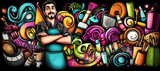 Wall Mural - A colorful illustration of an artist surrounded by various art supplies and tools.