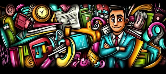 Wall Mural - A colorful illustration featuring a professional man among various educational and office items.