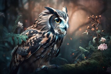 Beautiful owl in the forest at sunset. Vintage style photo.