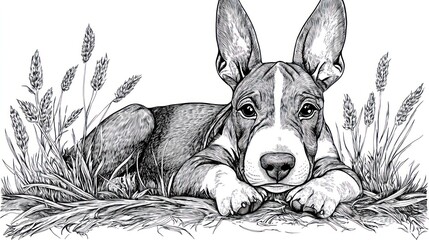 Sticker - A detailed illustration of a dog lying in grass, showcasing its large ears and expressive face.