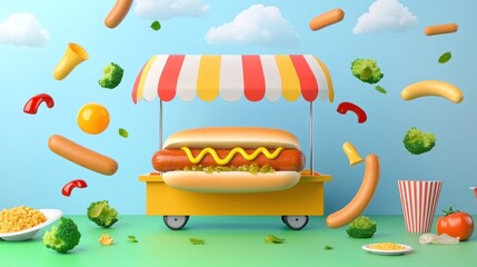 Sticker - A colorful hot dog cart surrounded by playful food items and vibrant elements.