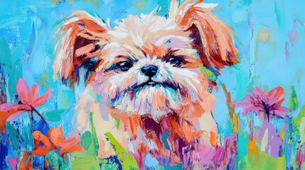 Sticker - A colorful painting of a small dog surrounded by vibrant flowers against a bright background.