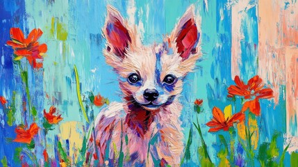 Canvas Print - A colorful painting of a Chihuahua surrounded by vibrant flowers in a lively background.