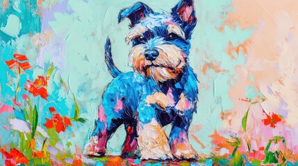 Poster - A colorful painting of a small dog standing among flowers.