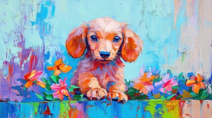 Wall Mural - A vibrant, colorful painting of a puppy surrounded by flowers, evoking joy and playfulness.