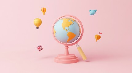 Sticker - A colorful globe with travel-themed elements like balloons and flags on a pink background.