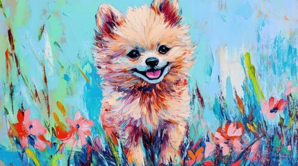 Canvas Print - A colorful painting of a cheerful Pomeranian in a field of flowers.