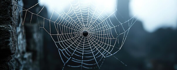 A close-up view of a spider web glistening with dew, set against a misty backdrop, showcasing intricate patterns and nature's details.
