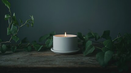 Sticker - A lit candle surrounded by green leaves on a rustic wooden surface, creating a calming ambiance.