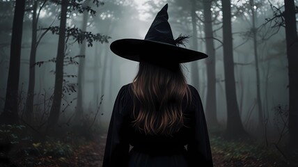 Silhouette of woman with witch hat in the misty forest. Halloween concept, black magic, mystery.