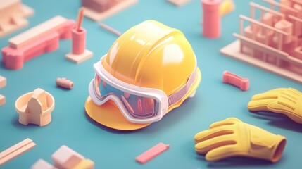 Canvas Print - A construction-themed scene featuring a hard hat, safety goggles, gloves, and tools.