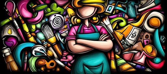 Poster - A colorful artistic scene featuring a figure surrounded by various art supplies and tools.