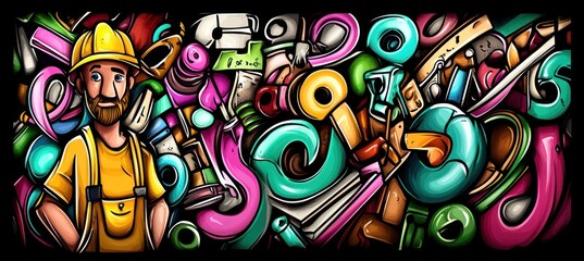 Canvas Print - A colorful illustration featuring a smiling worker amidst vibrant, abstract shapes and tools.