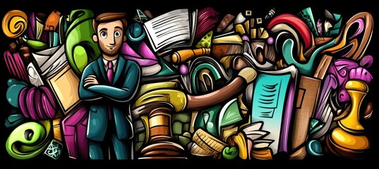 Canvas Print - A businessman stands amidst a chaotic array of objects symbolizing various concepts and ideas.