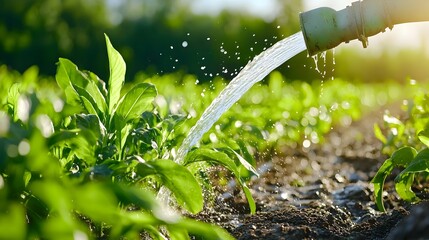 An irrigation system diverting water to power agricultural growth and sustainability  The image symbolizes humanity s ability to harness water s energy for efficient water management crop cultivation