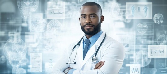 Wall Mural - A confident doctor in a lab coat stands with arms crossed, surrounded by digital health data.