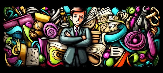 Sticker - A businessman stands confidently amidst a colorful array of various objects and materials.