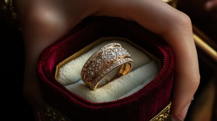 Sticker - A hand holding a luxurious gold ring in a velvet-lined box, symbolizing elegance and commitment.