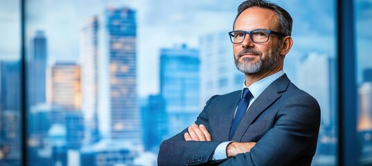 Wall Mural - A confident businessman poses in an office with a city skyline in the background.