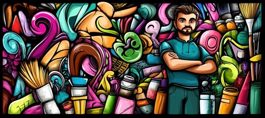 Wall Mural - A colorful art-themed illustration featuring a man surrounded by various art supplies.