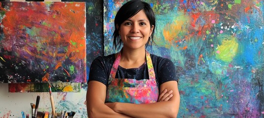 Sticker - A smiling artist poses confidently in front of a colorful abstract painting backdrop.