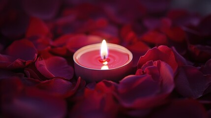 Canvas Print - A lit candle surrounded by rose petals, creating a romantic and serene atmosphere.