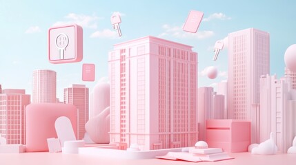 Canvas Print - A stylized cityscape featuring a pink building and floating icons representing technology and access.