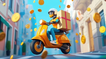 Sticker - A delivery person on a scooter carries a package amidst floating coins in a vibrant street scene.