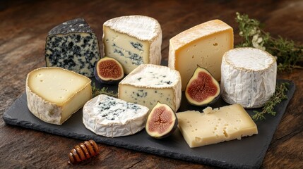 Poster - A selection of various cheeses arranged on a slate board with figs and honey.