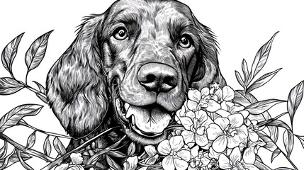 Wall Mural - A detailed black-and-white illustration of a dog with flowers, showcasing artistry and nature.