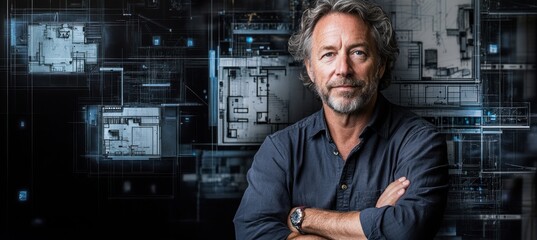 Poster - A confident man stands in front of a digital architectural blueprint background.