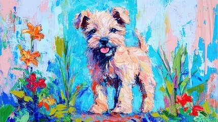 Poster - A colorful painting of a happy dog surrounded by vibrant flowers.