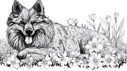 Poster - A detailed illustration of a dog resting among flowers, showcasing nature's beauty.